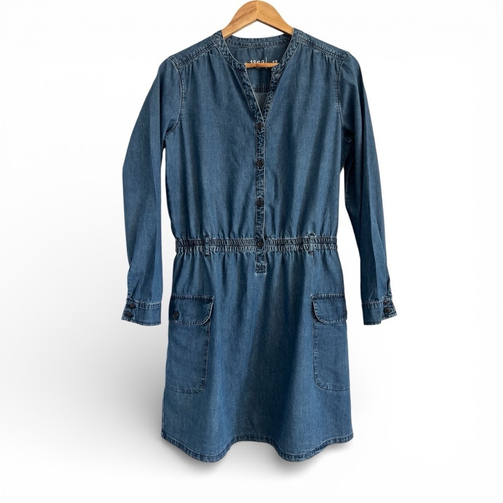 GAP Denim Button Front Shirt Dress Elastic Waist Long Sleeve Pockets 12
